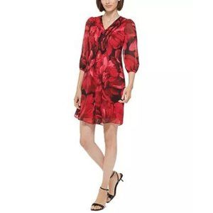 Calvin Klein Chiffon Career Shift Dress Red Black Floral Ladies Plus SZ 18W NWT